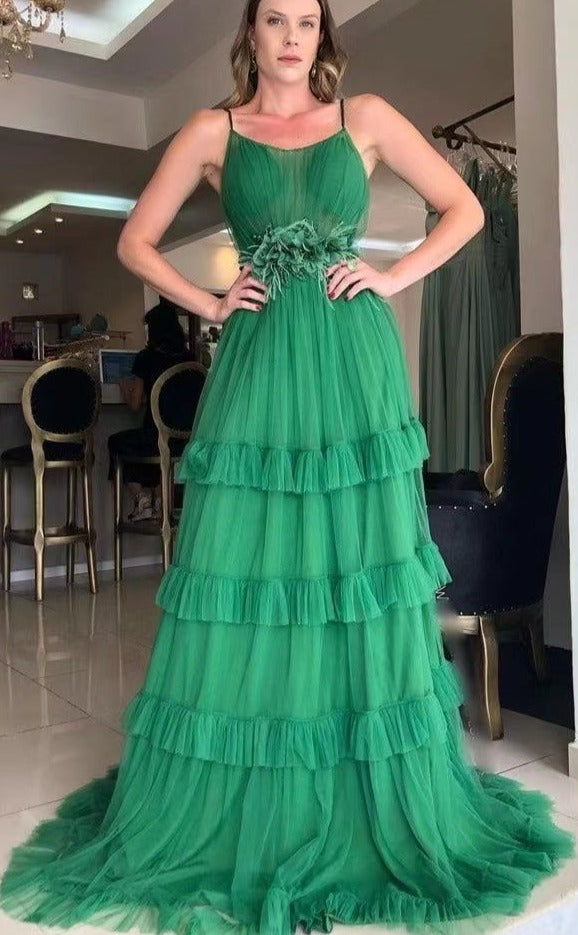 Prom Dresses Green Spaghetti Straps Tulle