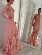 Load image into Gallery viewer, Lace V Neck Prom Dresses with Full Sleeves