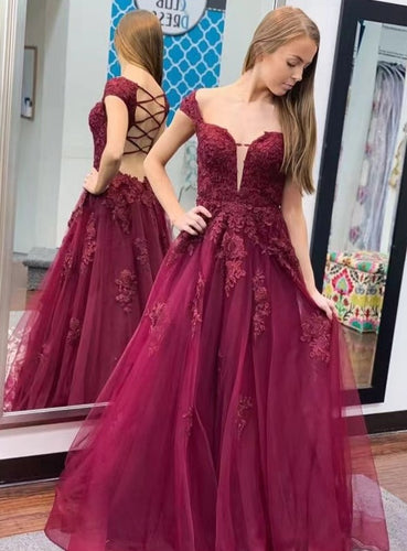 Cap Sleeves Prom Dresses Tulle with Lace Appliques