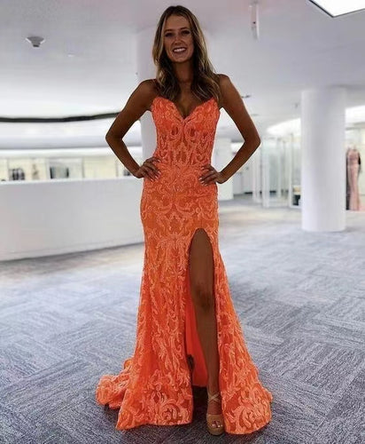 Spaghetti Straps Prom Dresses Orange Lace