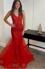 Load image into Gallery viewer, Spaghetti Straps Prom Dresses Mermaid with Lace Appliques