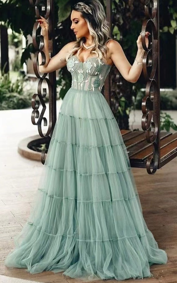 Sage Prom Dresses with Embroidery