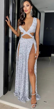 Load image into Gallery viewer, Silver Sexy Prom Dresses Slit Side Floor Length