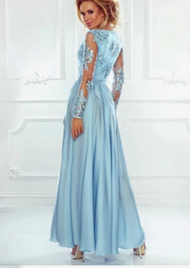 V Neck Baby Blue Prom Dresses with Full Sleeves