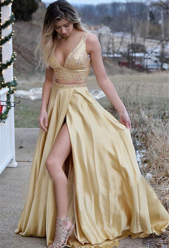 Gold Two Piece Prom Dresses Slit Side with Rhinestones Top