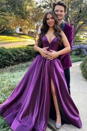 Grape Prom Dresses Slit Side Spaghetti Straps