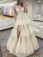 Load image into Gallery viewer, Spaghetti Straps Prom Dresses Slit Side Tulle