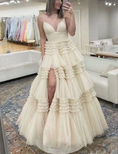 Spaghetti Straps Prom Dresses Slit Side Tulle