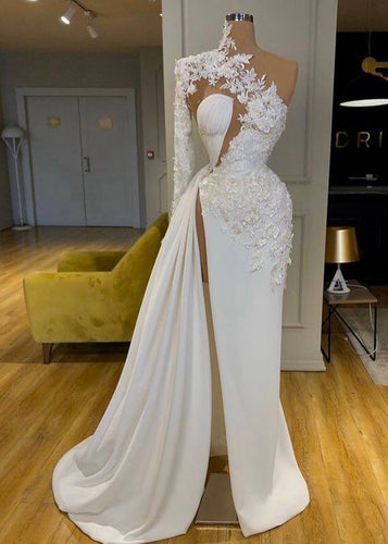 Single Length Slit Prom Dresses Evening Gown with Appliques