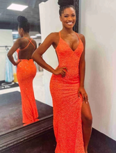 Load image into Gallery viewer, V Neck Sequins Orange Prom Dresses Slit Side