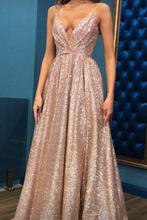 Load image into Gallery viewer, V Neck Prom Dresses Sequins Floor Length