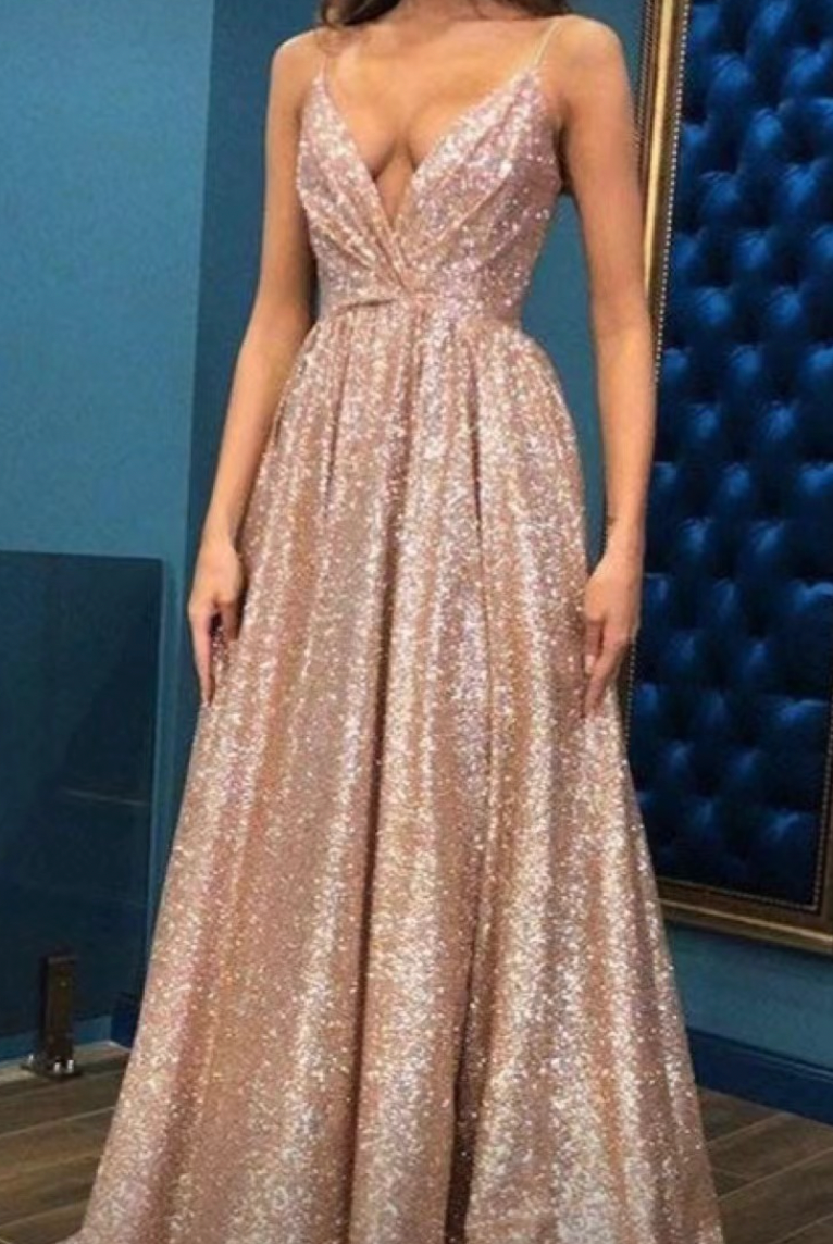 V Neck Prom Dresses Sequins Floor Length