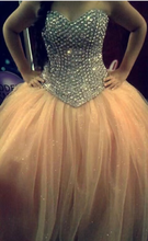 Load image into Gallery viewer, Strapless Prom Dresses Pink Tulle with Rhinestones