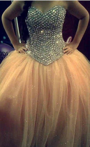 Strapless Prom Dresses Pink Tulle with Rhinestones