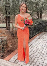 Load image into Gallery viewer, One Shoulder Slit Prom Dresses Criss Cross Back