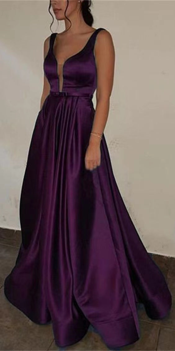 Grape Prom Dresses V Neck Waist with Bowknot