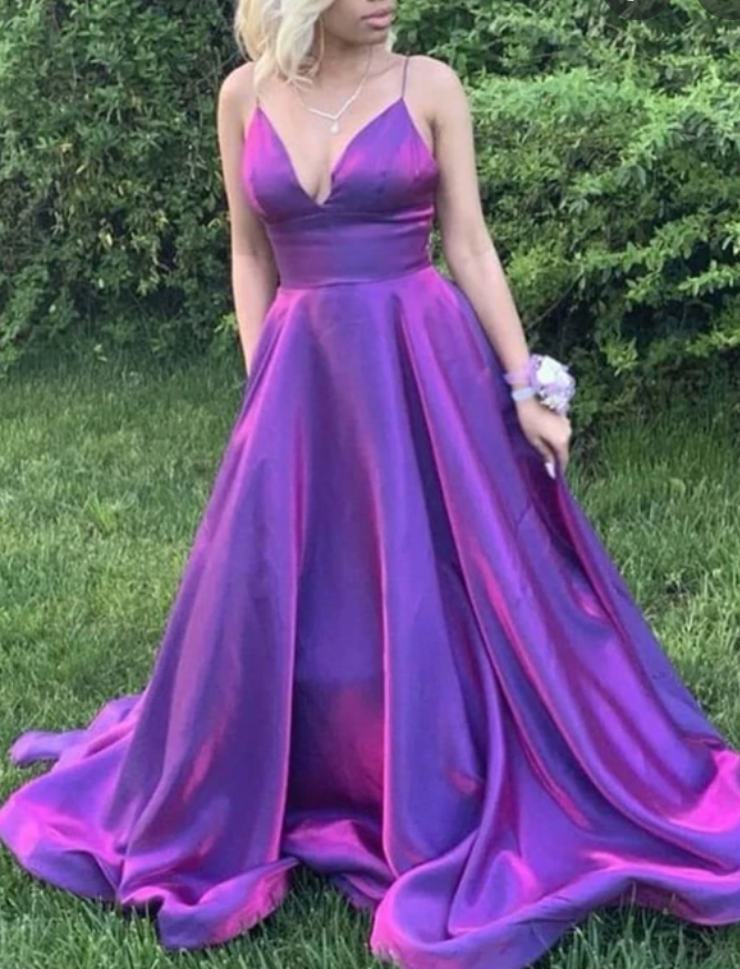 Spaghetti Straps Purple Prom Dresses