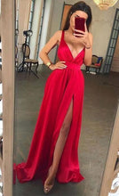 Load image into Gallery viewer, V Neck Split Side Red Long Prom Dresses