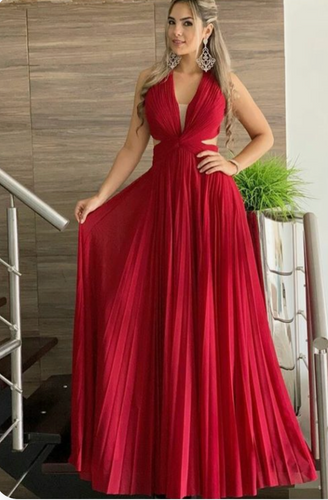 Red V Neck Halter Prom Dresses