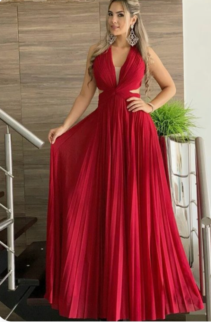 Red V Neck Halter Prom Dresses