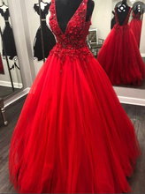 Load image into Gallery viewer, Deep V Neck Red Prom Dresses with Rhinestones