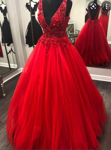 Deep V Neck Red Prom Dresses with Rhinestones