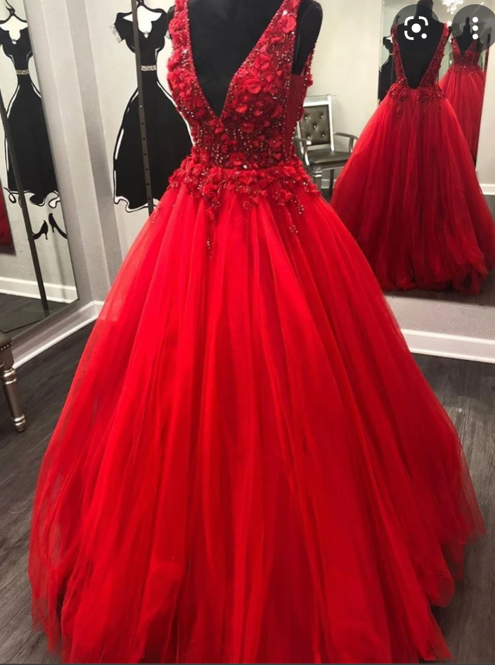 Deep V Neck Red Prom Dresses with Rhinestones