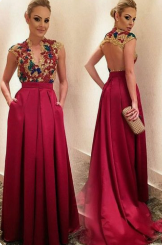 V Neck Red Prom Dresses Cap Sleeves with Embroidery
