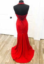 Load image into Gallery viewer, Halter Red Backless Prom Dresses with Lace Appliques