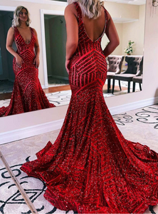 V Neck Mermaid Prom Dresses Long