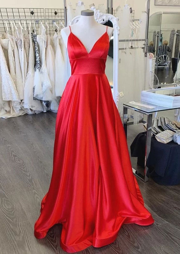 Spaghetti Straps Red Prom Dresses