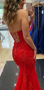 Sweetheart Red Prom Dresses Mermaid with Lace Appliques