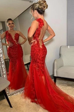 Charger l&#39;image dans la galerie, One Shoulder Red Prom Dresses with Lace