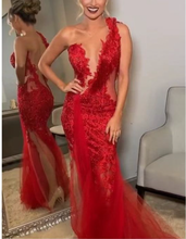 Load image into Gallery viewer, One Shoulder Red Prom Dresses with Lace