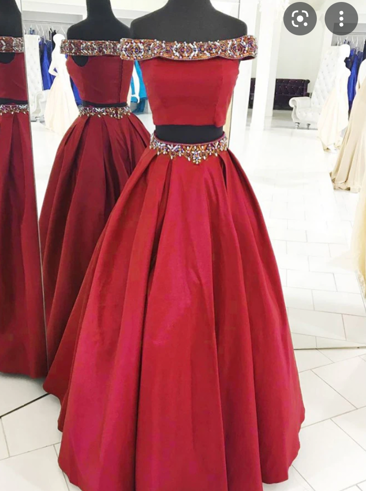 Two Piece Red Prom Dresses with Rhinestones