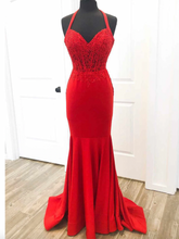 Load image into Gallery viewer, Halter Red Backless Prom Dresses with Lace Appliques