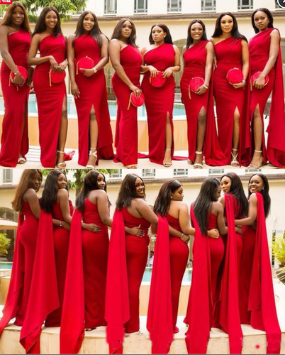 One Shoulder Red Bridesmaid Dresses Slit