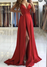 Load image into Gallery viewer, Red V Neck Slit Prom Dresses under  100