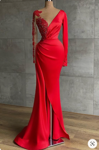 V Neck Red Prom Dresses with Sleeves