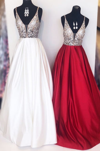 V Neck Long Prom Dresses with Beaded for Women