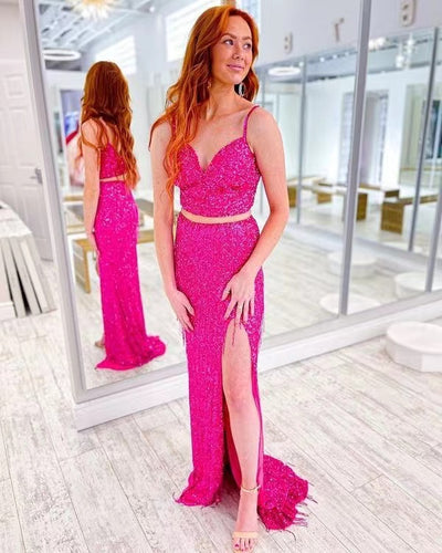Two Piece Fuchsia Prom Dresses Slit Side Sequins