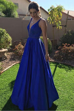 Load image into Gallery viewer, Royal Blue V Neck Long Prom Dresses Waist with Beaded