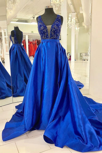 Deep V Neck Long Prom Dresses with Beaded