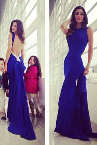 Royal Blue Prom Dresses Backless with Rhinestones