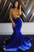 Laden Sie das Bild in den Galerie-Viewer, High Neck Royal Blue Prom Dresses with Gold Appliques