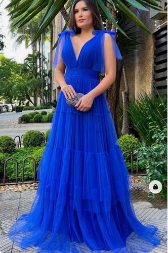 Royal Blue Prom Dresses V Neck Tulle