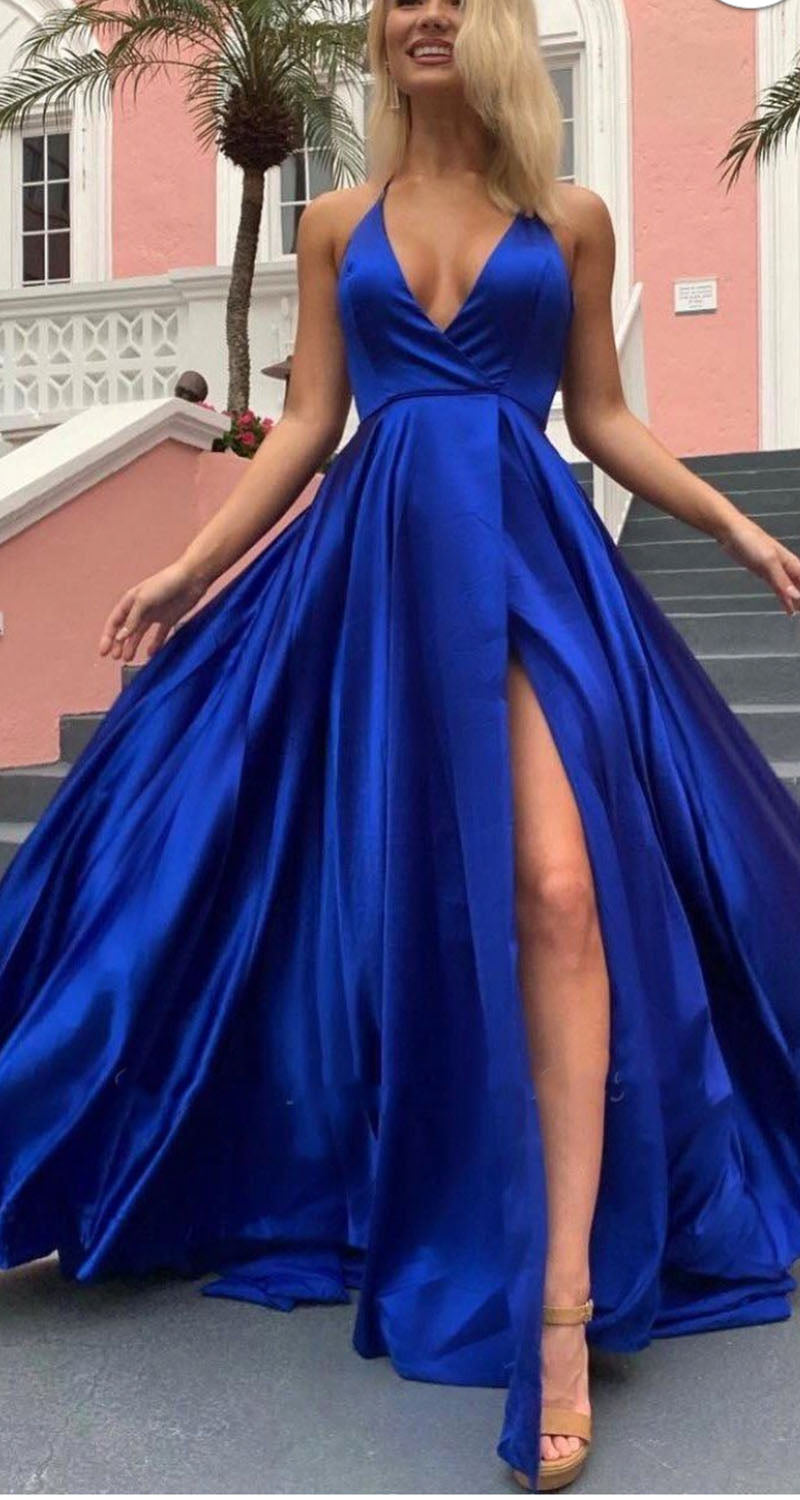 Halter Prom Dresses Slit Side with Pockets