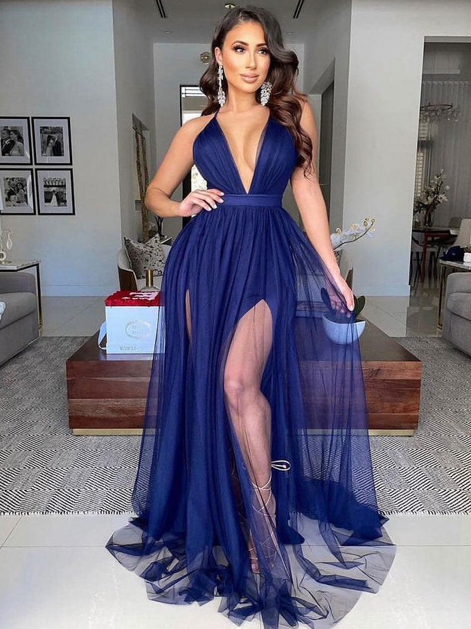 Deep V Neck Slit Prom Dresses Royal Blue