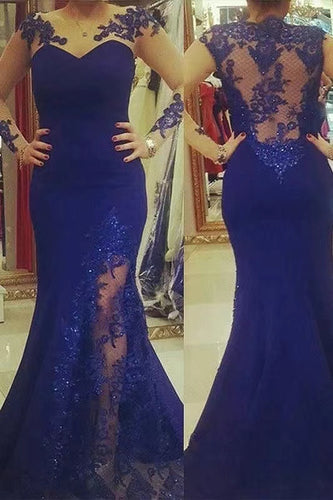 Prom Dresses Royal Blue with Slit Side Lace