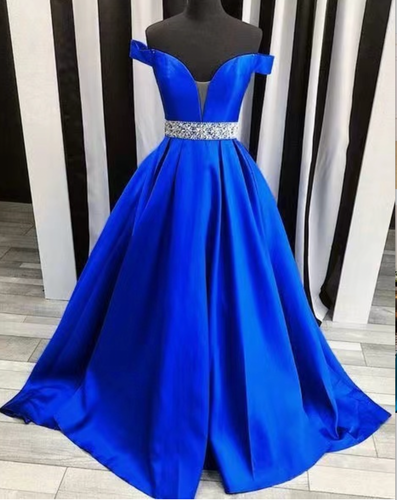 Off the Shoulder Royal Blue Prom Dresses Waist with Beading